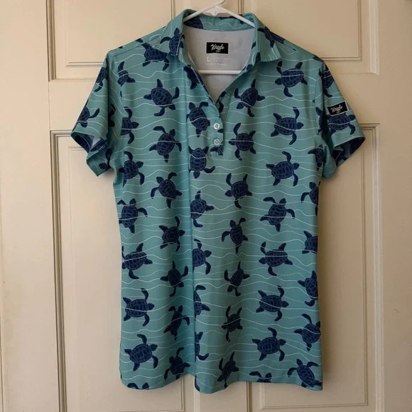 Waggle Men’s (L) Polo Shirt Stretch Performance Size L Aqua Blue Turtle Pattern - Picture 8 of 8